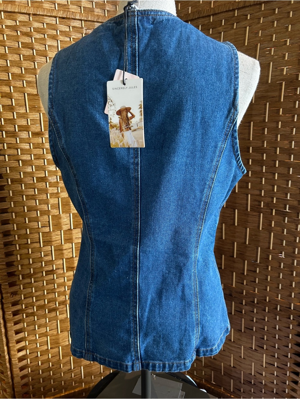 Sincerly Jules Denim Sleeveless Vest with Gold Buttons - Blue - Picture 4 of 6